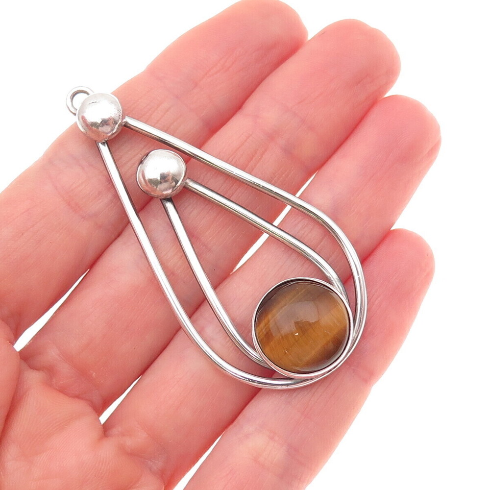 925 Sterling Silver Vintage Real Tiger Eye Modernist Teardrop Pendant